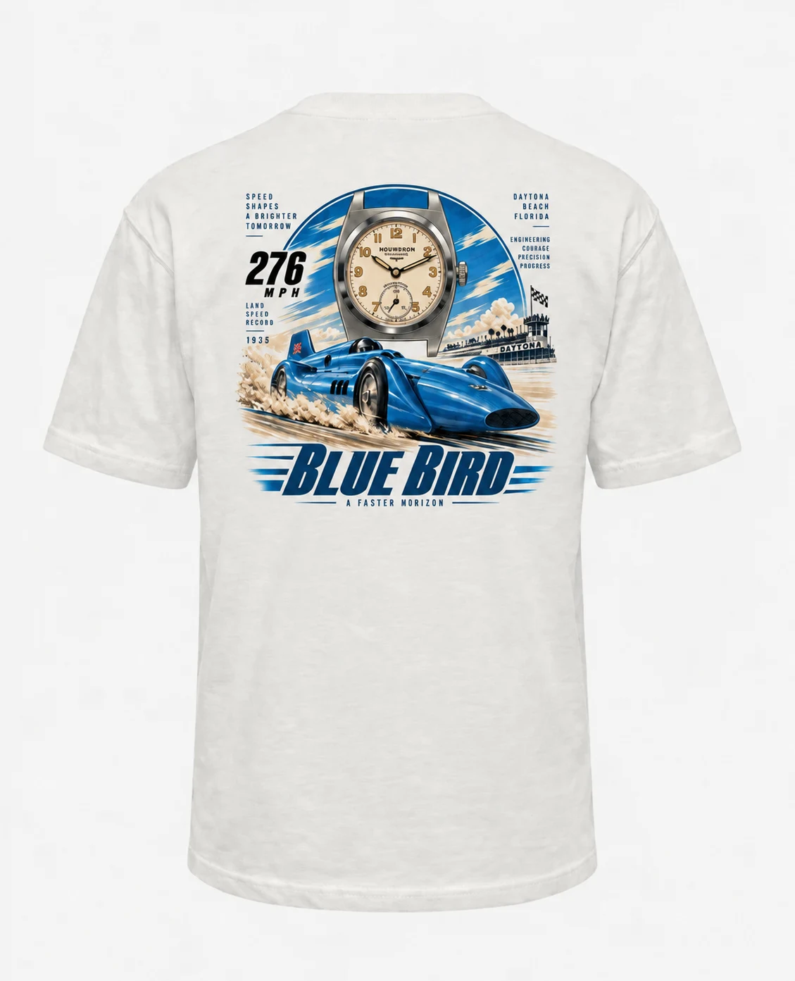 Hourworn Blue Bird watch-inspired graphic on a cream shirt — digital garment preview
